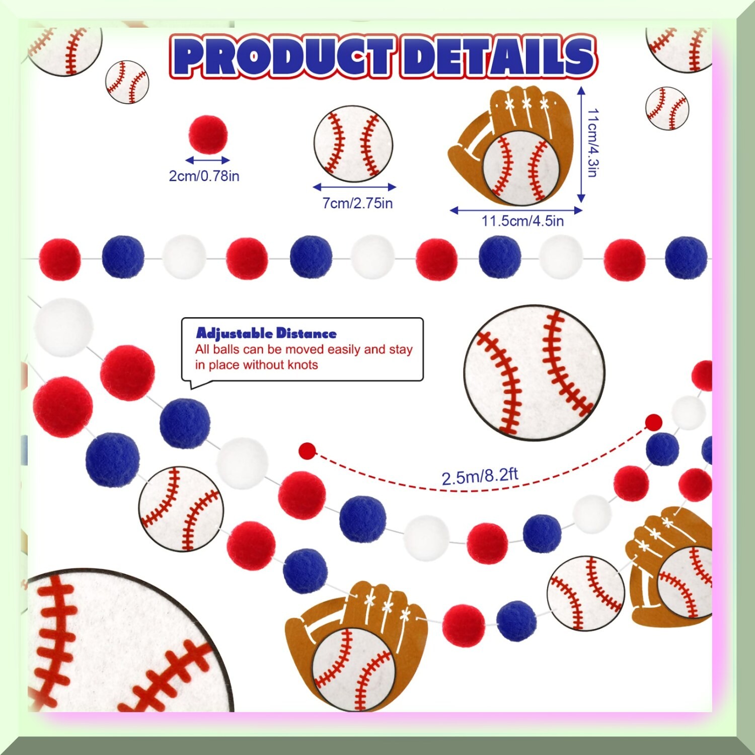 Baseball Pompom Garland Blue Red White 8.2ft