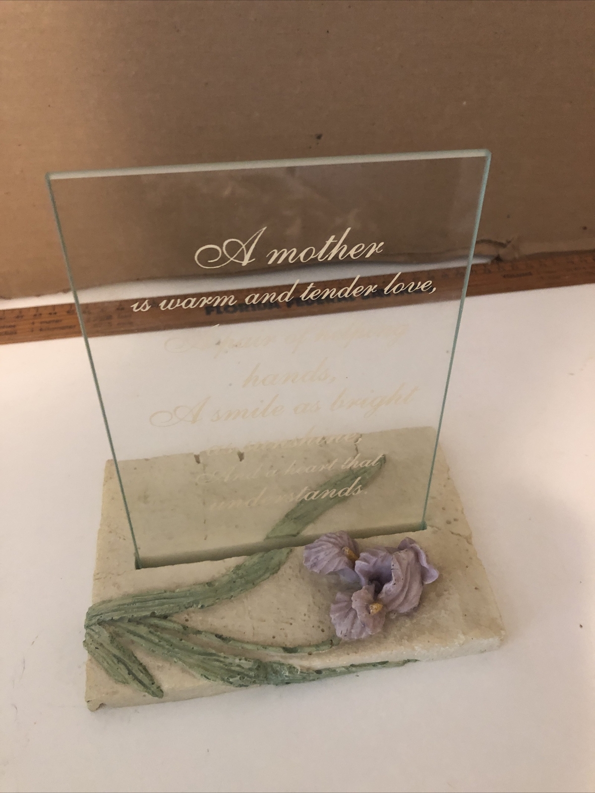 Mothers Day Glass Plaque On A Stone Base With A Floral Design
