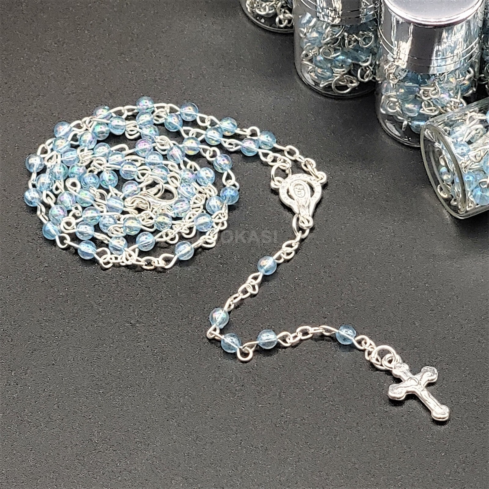 12 Blue Clear Rosary Crucifix Silver Bottle Recuerdos de Bautizo Holy Communion