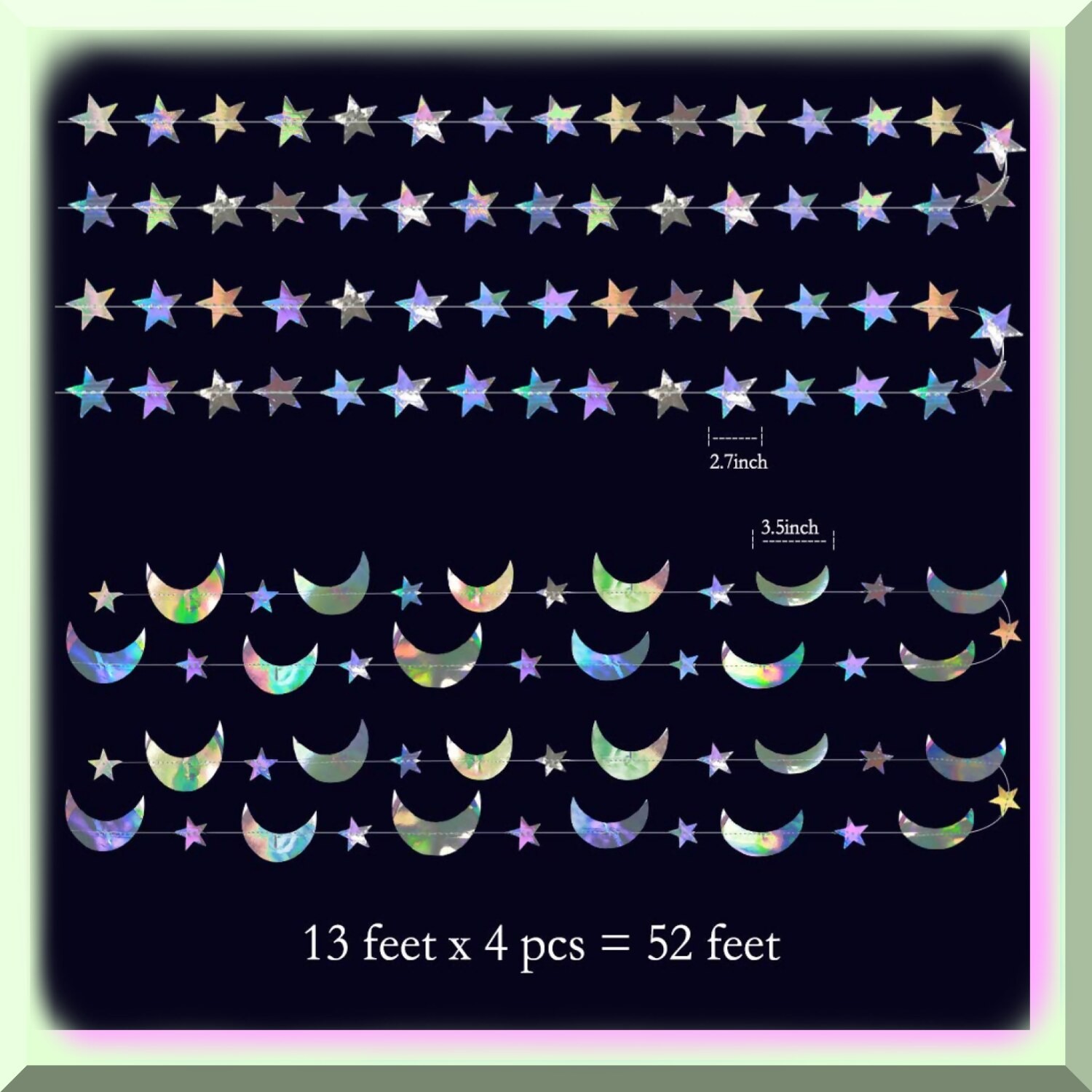 Iridescent Moon and Star Garland 52ft Decorations