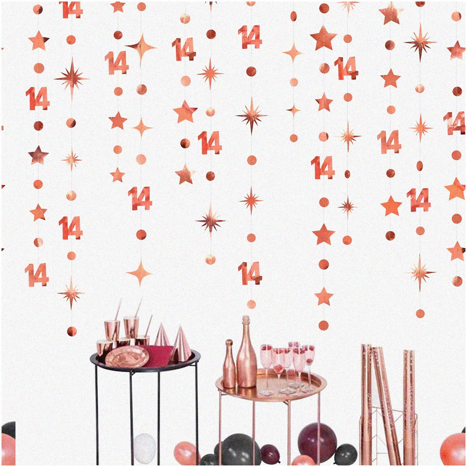 Rose Gold 14th Birthday Decor Kit with Glitter Numbers