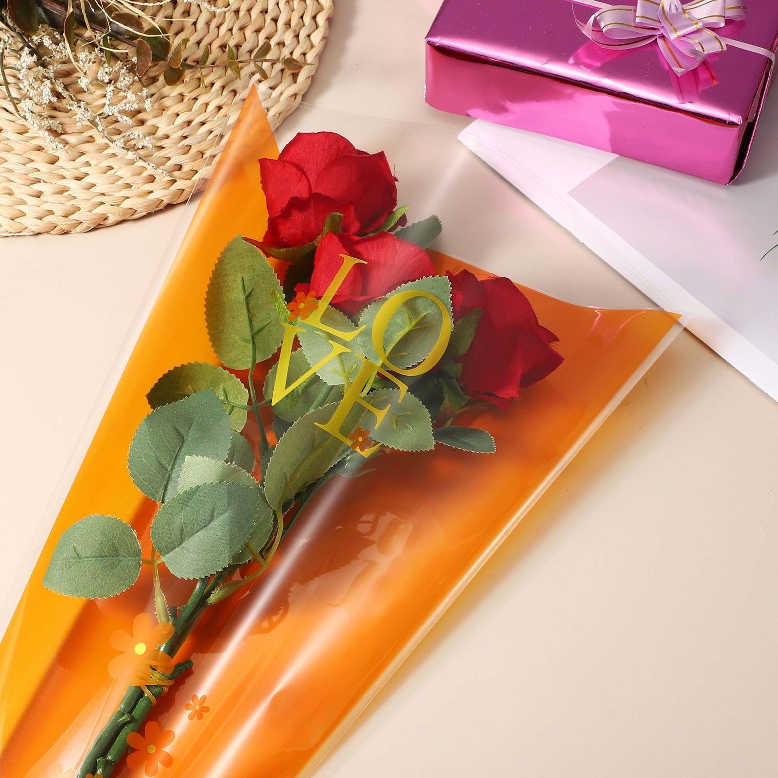 150 Pcs Plastic Rose Floral Bouquet Bags 17.7″ Flower Sleeves Bags, Orange