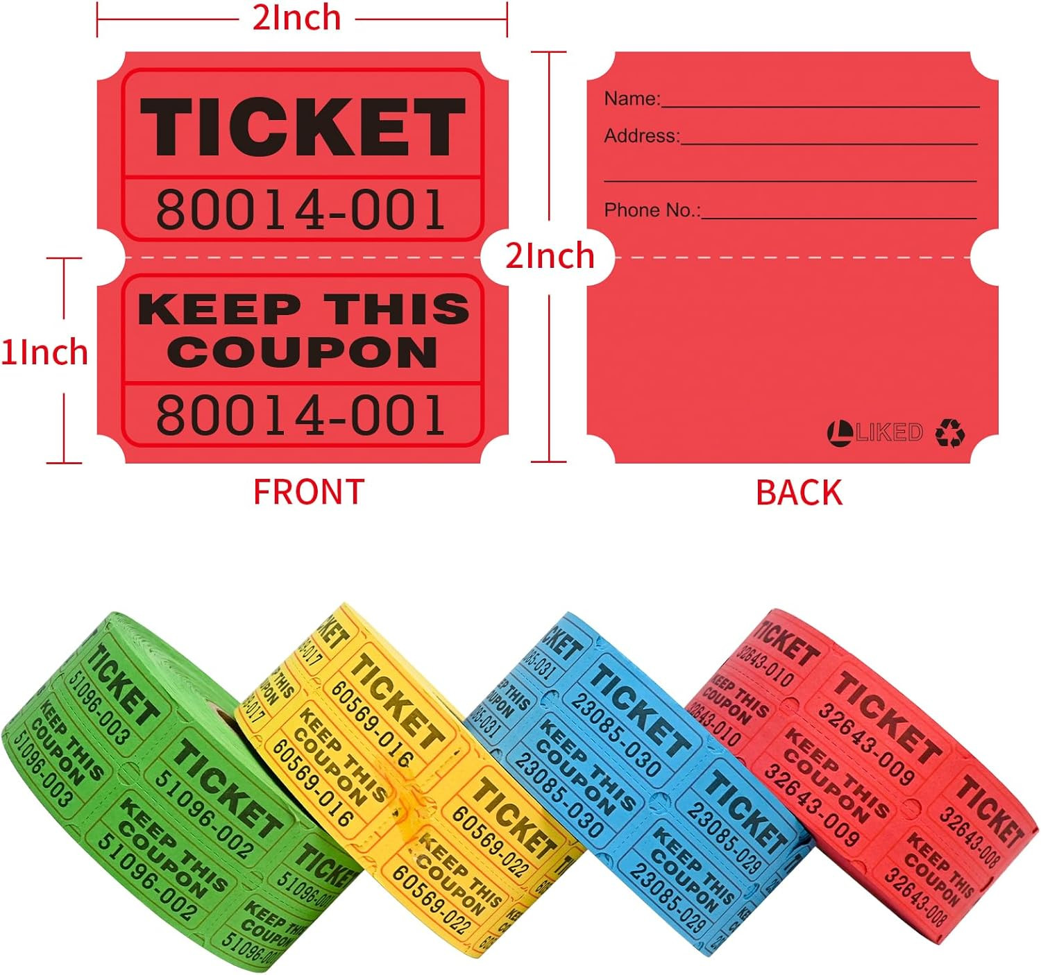4000 Pairs Double Raffle Tickets – 4 Assorted Colors (Blue, Yellow, Red, Green),