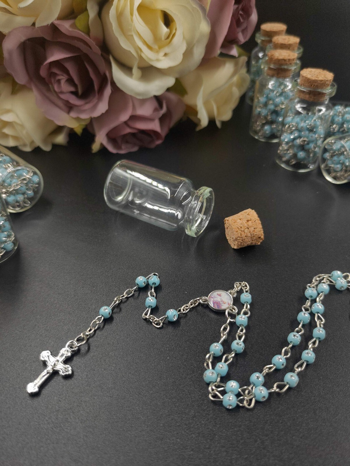 US 12pcs Blue Beaded Rosary Necklace in Wishing Bottle Bag Gifts for Guests