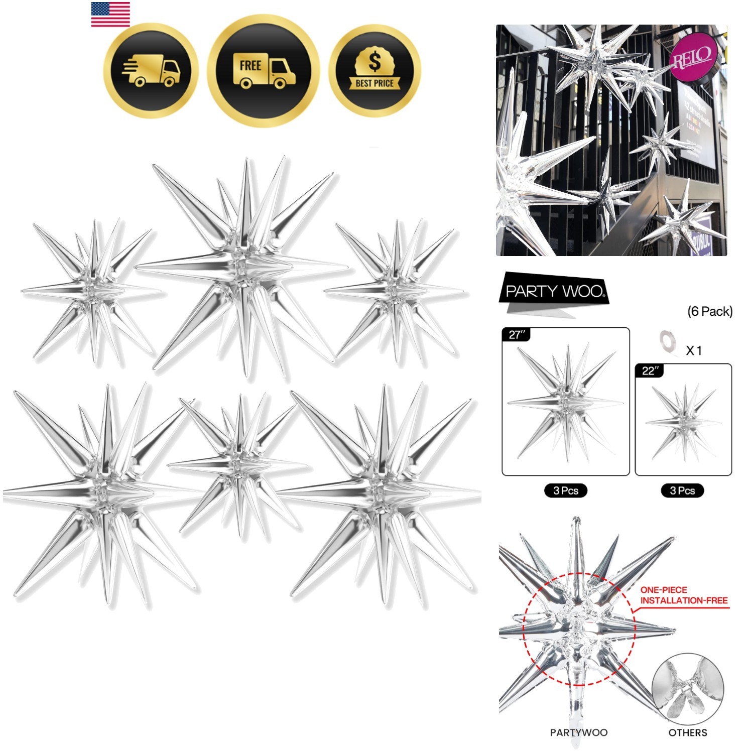 Metallic Silver Star Foil Balloons 6pcs Different Sizes Pack of 27 22 Inch Ex…