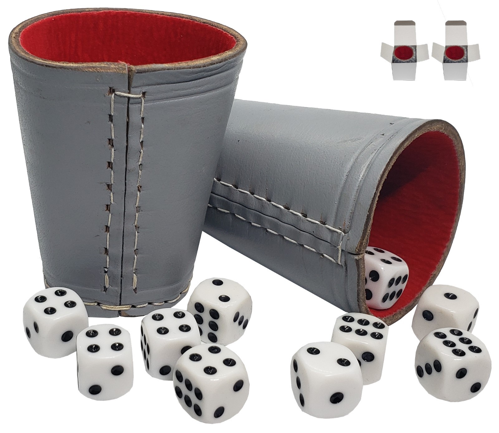 16mm Dice w/Pouches + Genuine Leather Compact Dice Cups Grey w/Red Lining Boxed