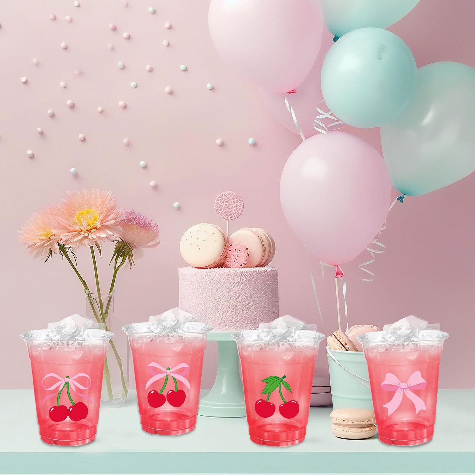 ABURRORI 50 Pcs 12OZ Cherry Bow Plastic Cups, Pink standard,