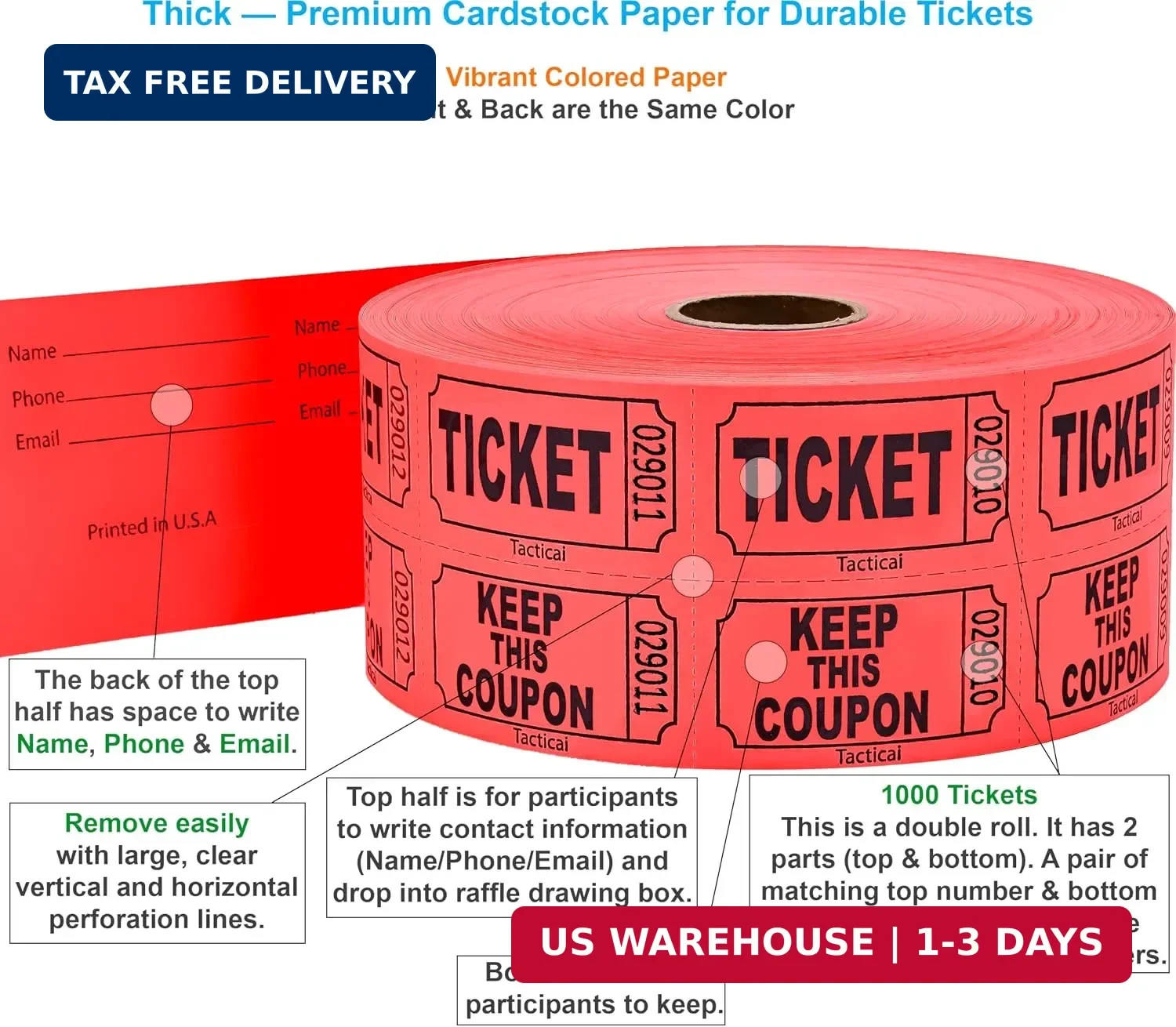 1000 Tacticai Raffle Tickets, Red (1 of 8 Colors), Double Roll, Ticket for Event
