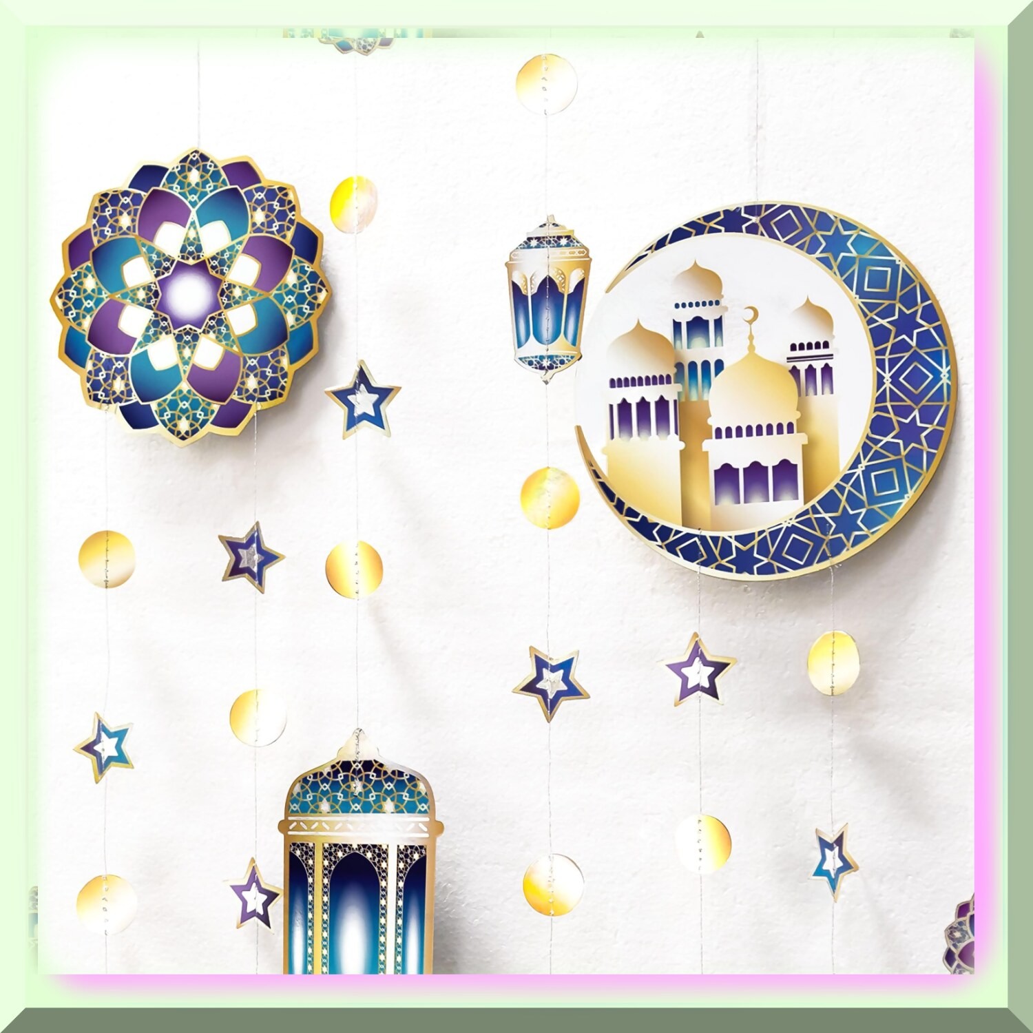 Ramadan Lantern and Garland Set with Moons Stars Flowers