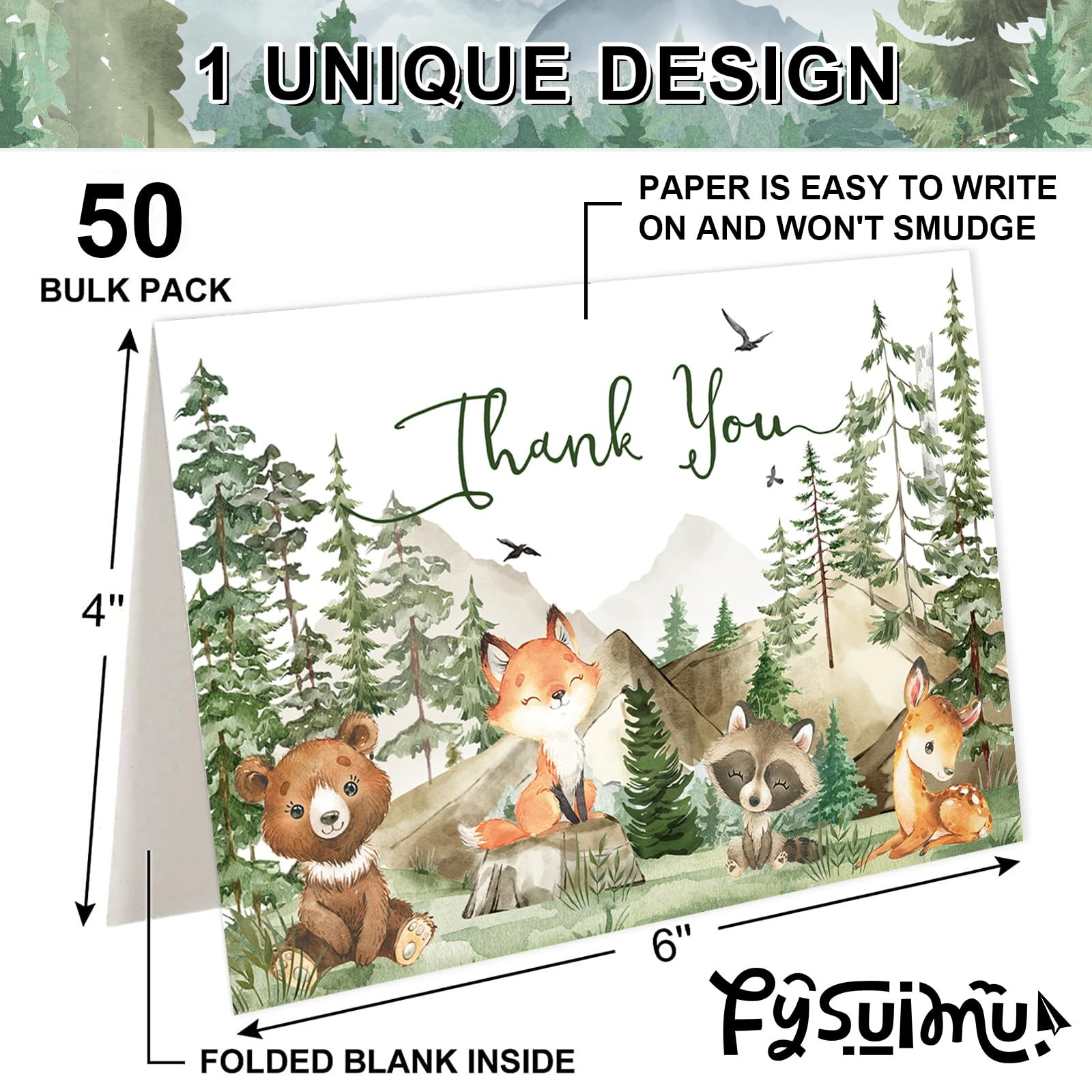 FYSUIMU 50 Pack Woodland Thank You Cards Watercolor 4 x 6 inch, multicolor