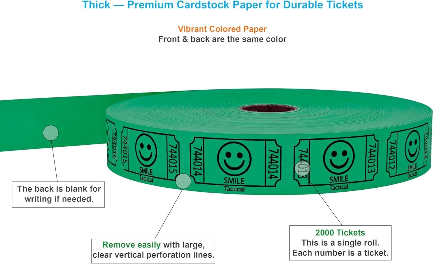 2000 Raffle Tickets Smile Green Single Roll | 8 Color Options Premium Cardst…