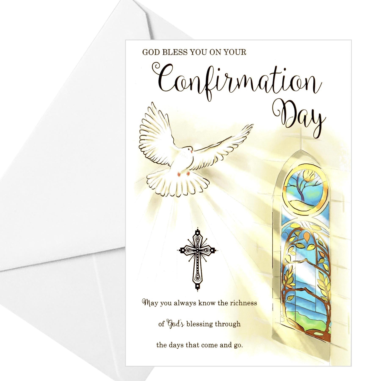 Confirmation Card with Foil Detail and White Envelope – Stain Glass B