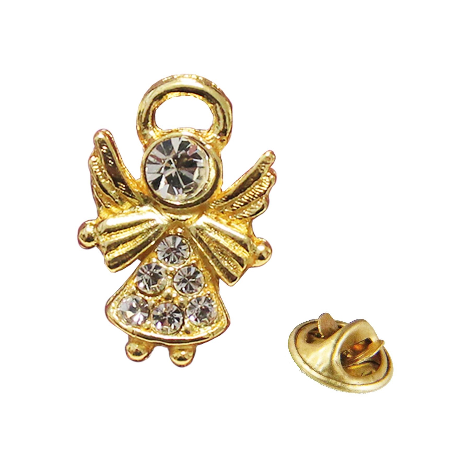 First Communion Lapel Pin Brooch – Gold Angel with Gems