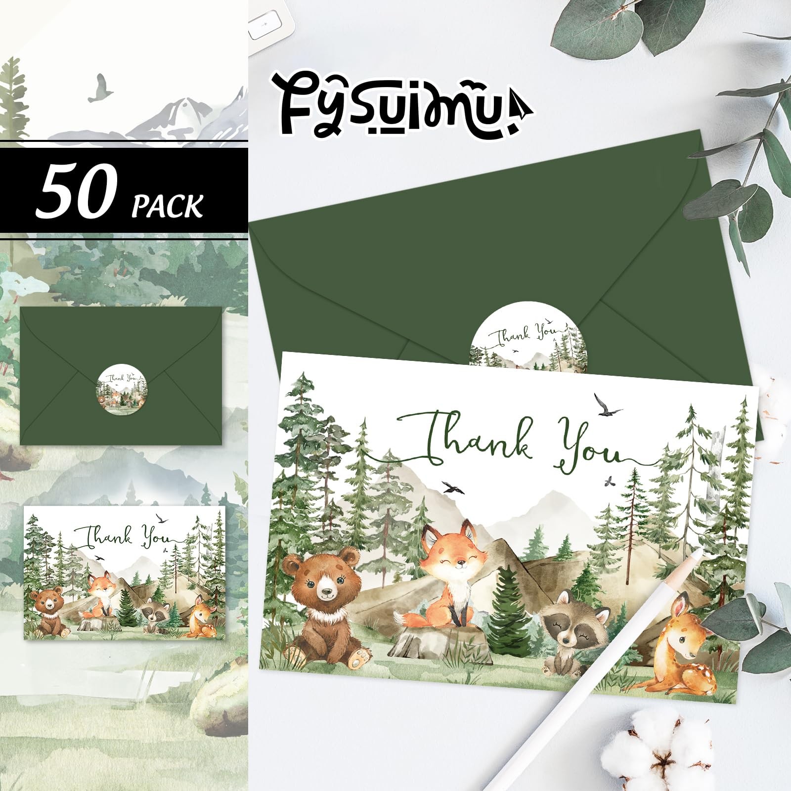 FYSUIMU 50 Pack Woodland Thank You Cards Watercolor 4 x 6 inch, multicolor