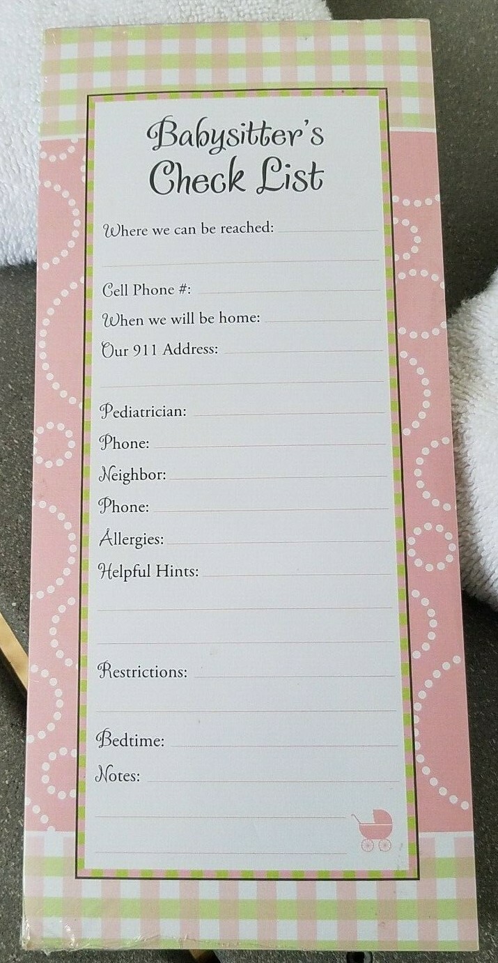 “BABYSITTER’S CHECK LIST” ~ MAGNETIC LIST PAD 50 SHEETS Pink Green Gingham & Dot