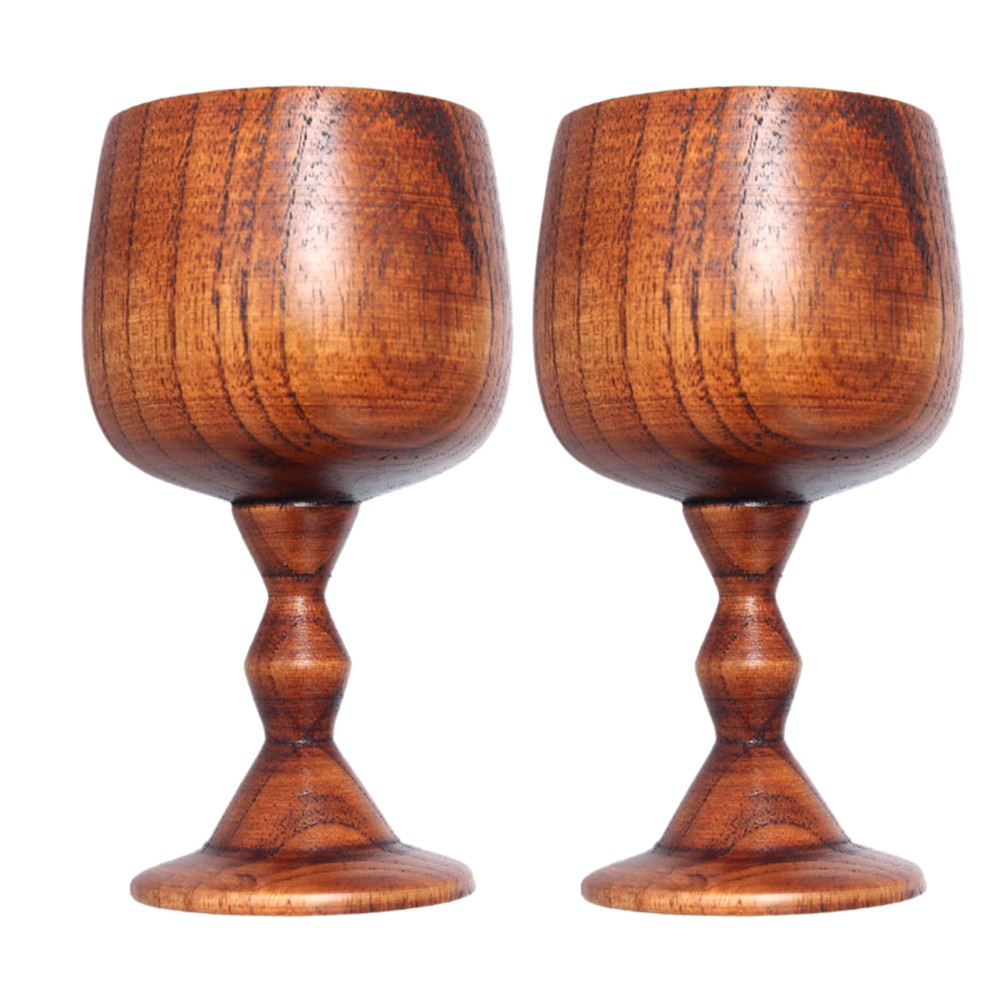 2Pcs Light Brown Wood Wine Cups Reusable Stemmed Chalice Goblets for Party