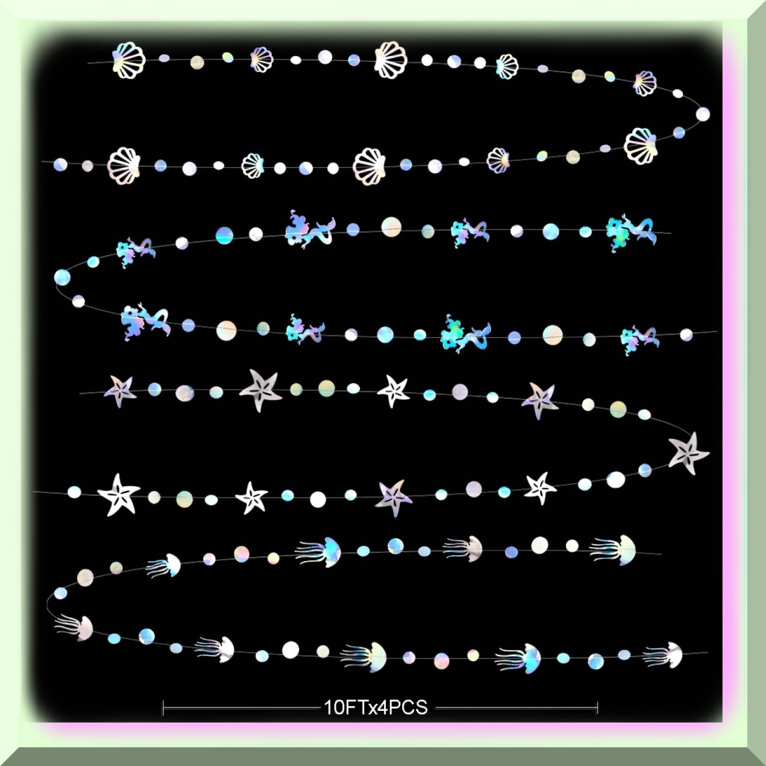 40 Ft Iridescent Mermaid Ocean Garland with Seashells and Jellyfish