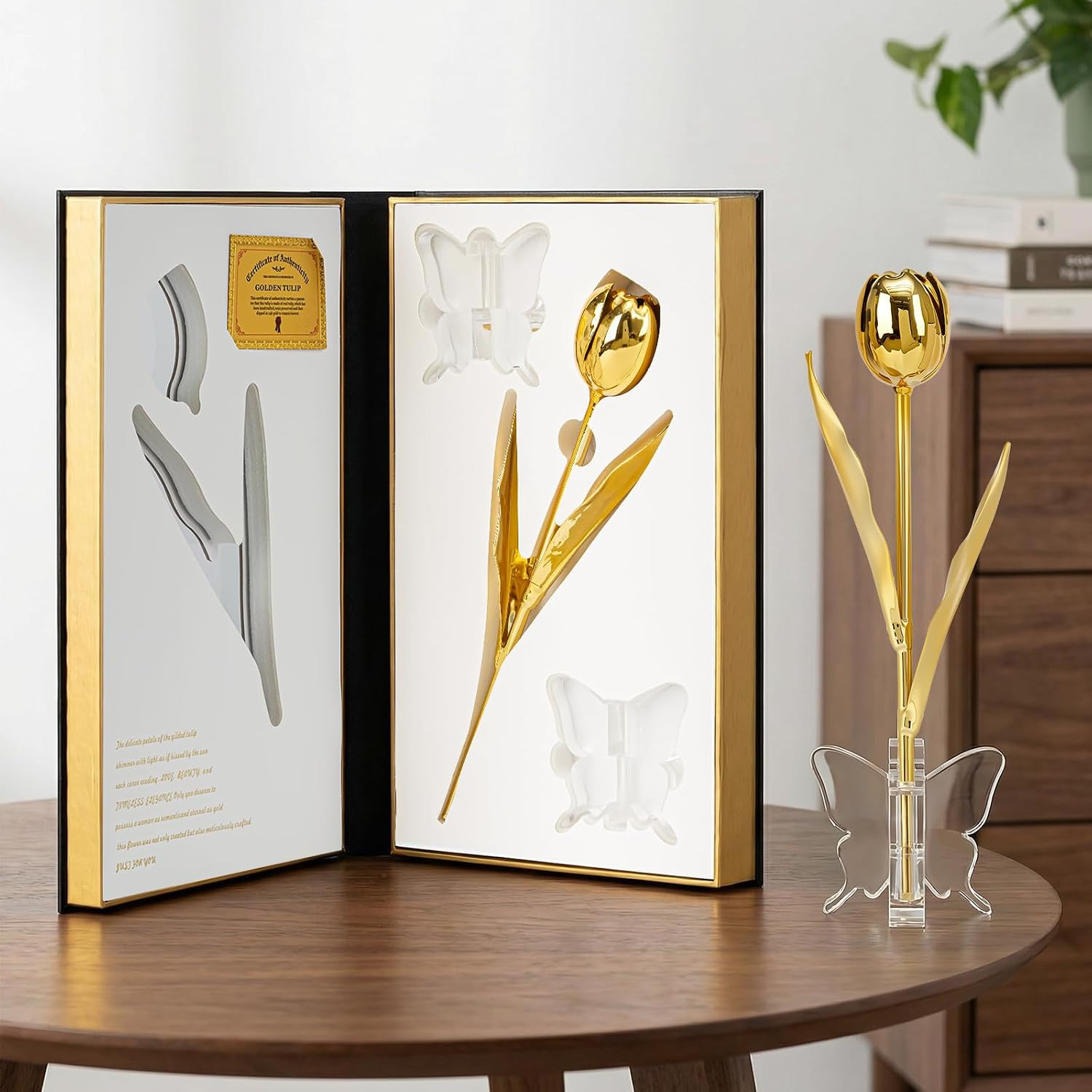24K Gold Dipped Tulip – Royal Pure Gold, Luxury Book-Style Gift Box & Butterfly