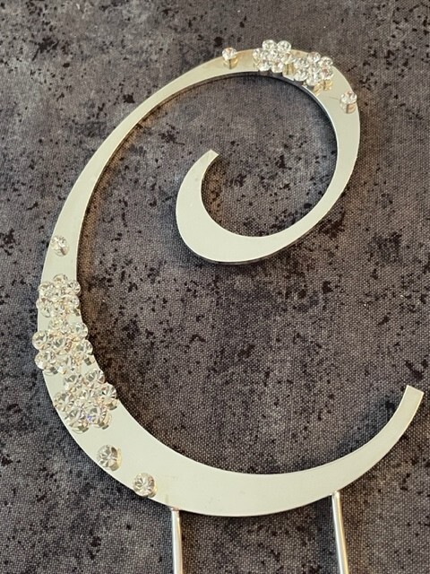 Cake Topper C Initial Silver with Flowers