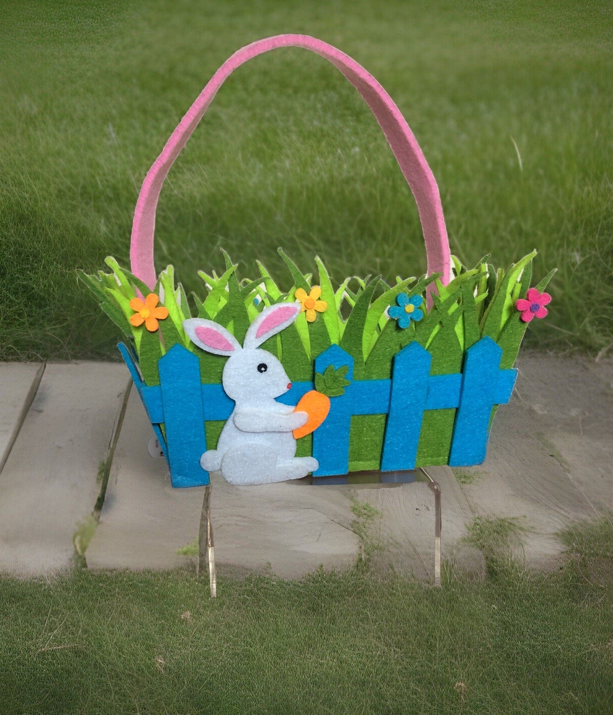 Easter Basket Soft Fabric Felt Bright Colors Bunny Grass & Flowers Decor Bucket