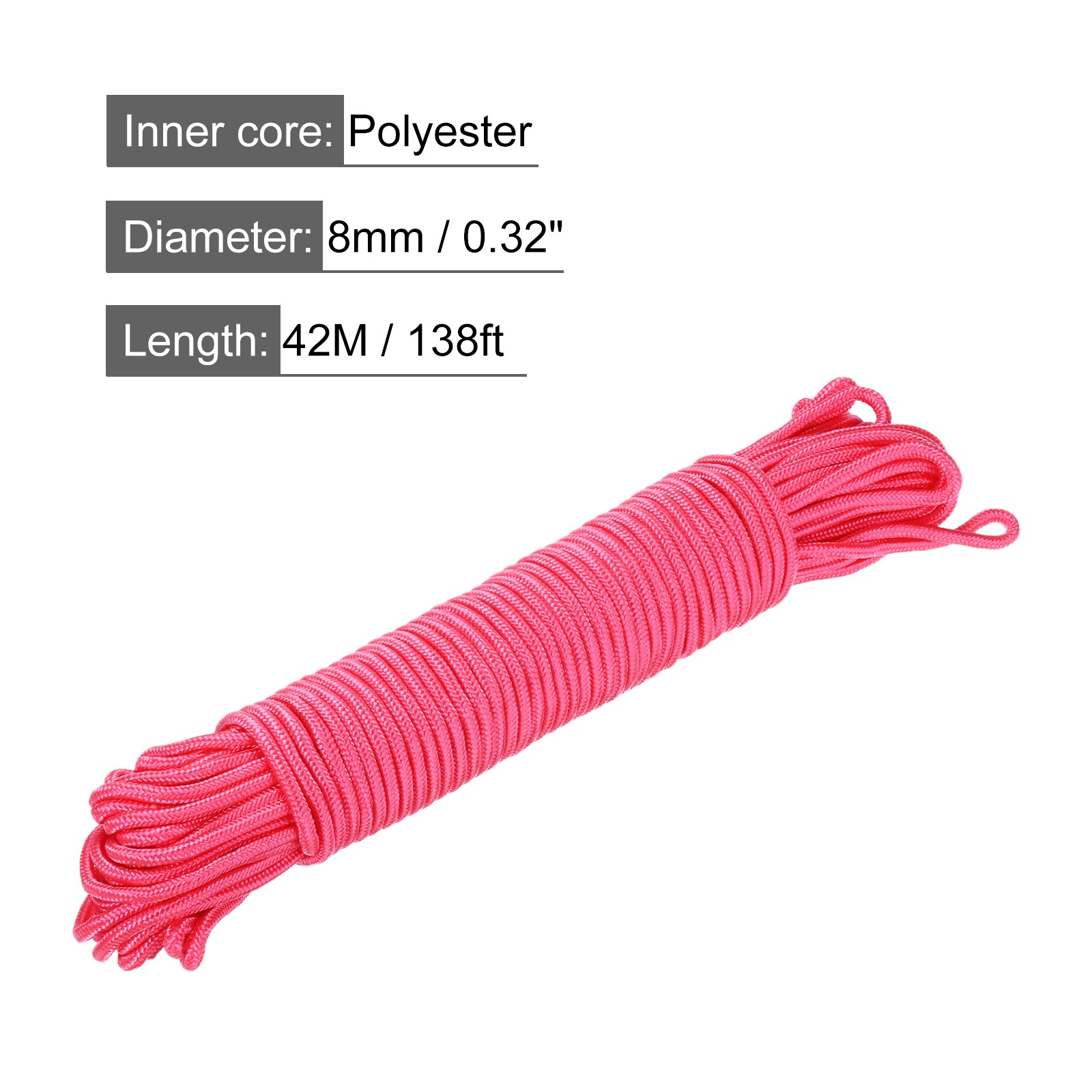 42M/138ft Polypropylene Braided Rope 8mm Pink Diameter for