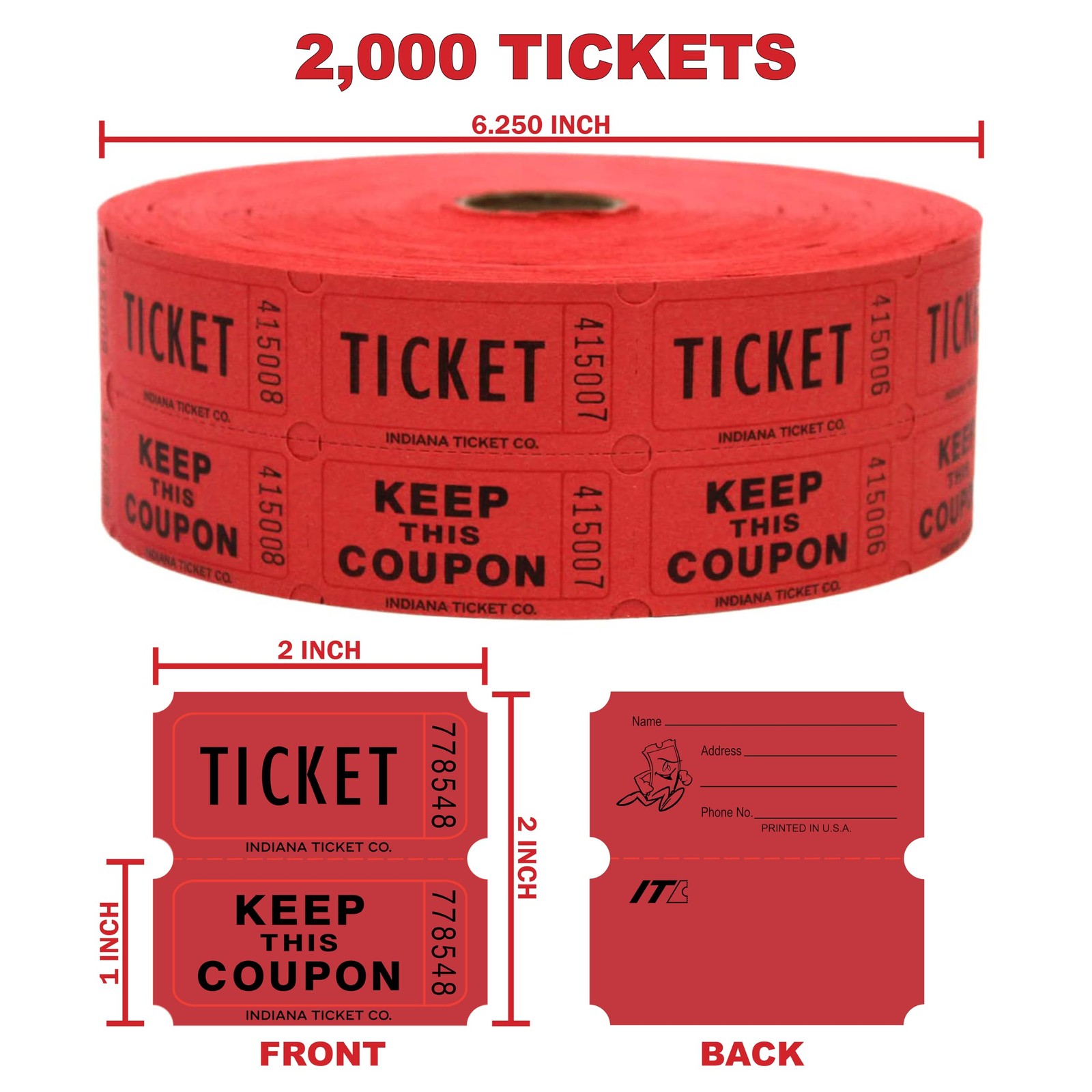 INDIANA TICKET CO. 2,000 Red Raffle Tickets Double Roll, Premium Quality 50/5…