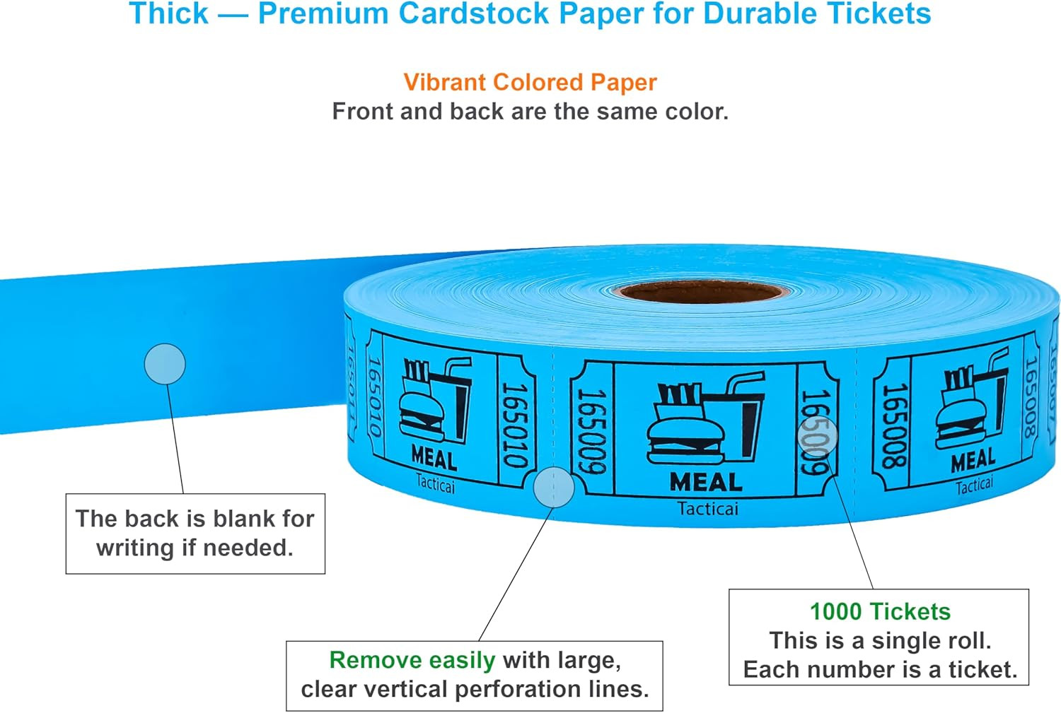 1000 Raffle Tickets, Meal, Blue (1 of 8 Colors), Single Roll, Ticket for Events,