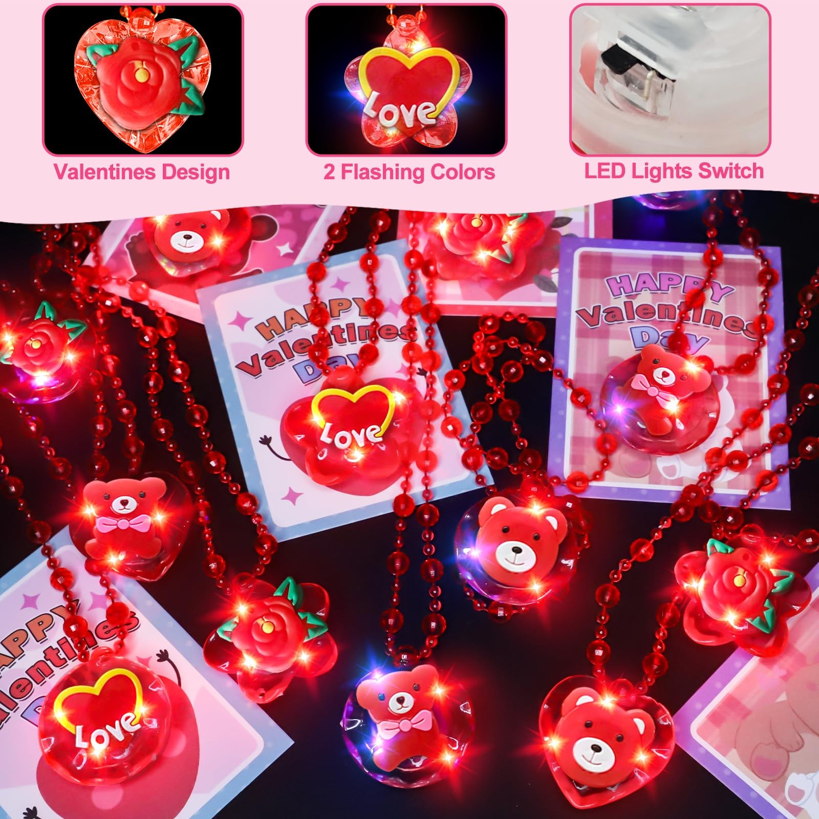 24 Pack Valentines Day Gifts for Kids Light Up Red Heart & Bear Necklaces