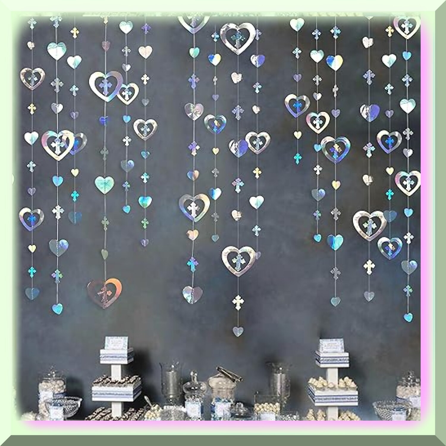 Iridescent Cross Heart Garland 40ft for Holy Occasions