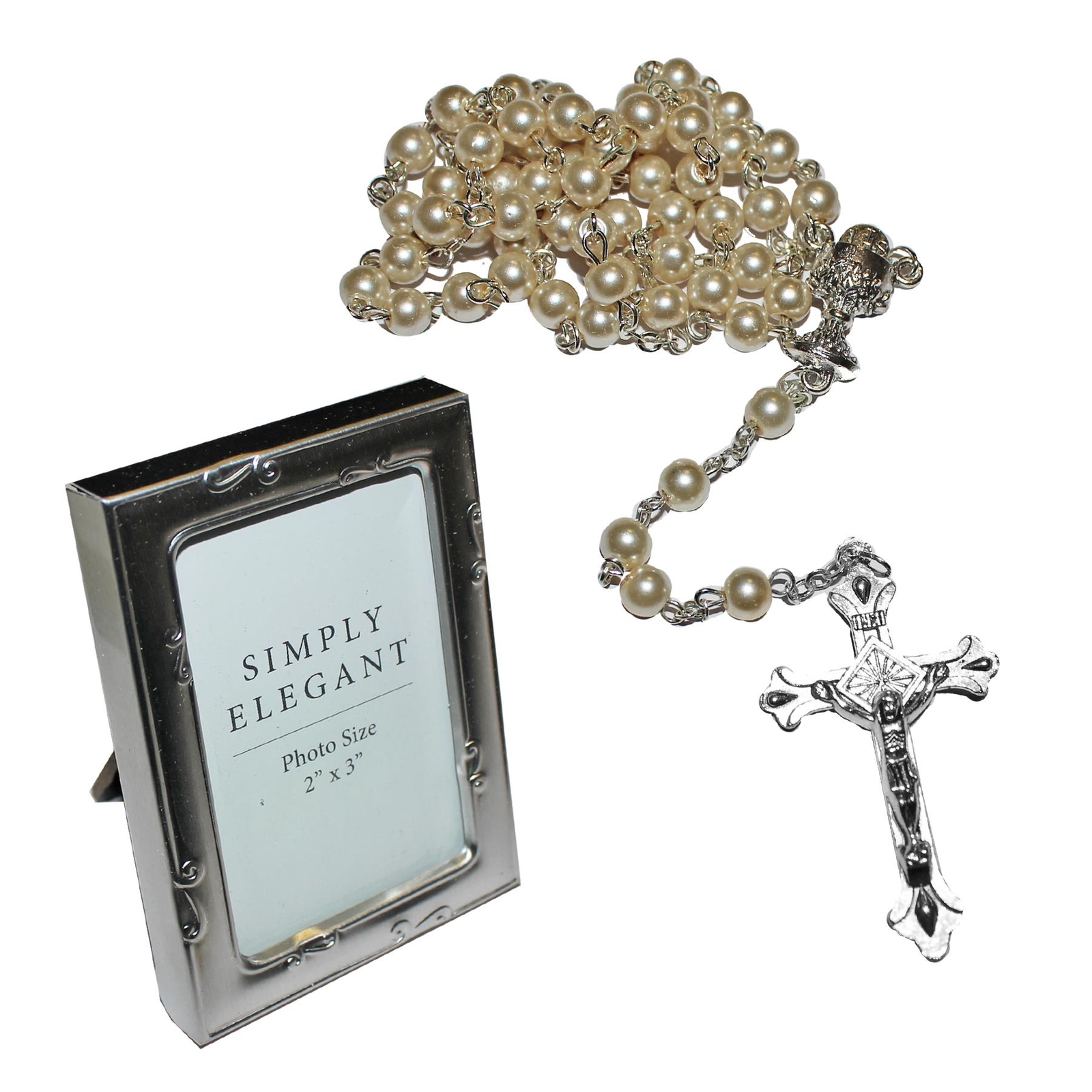 First Holy Communion Pearl Rosary Beads and Photo Frame Gift Set