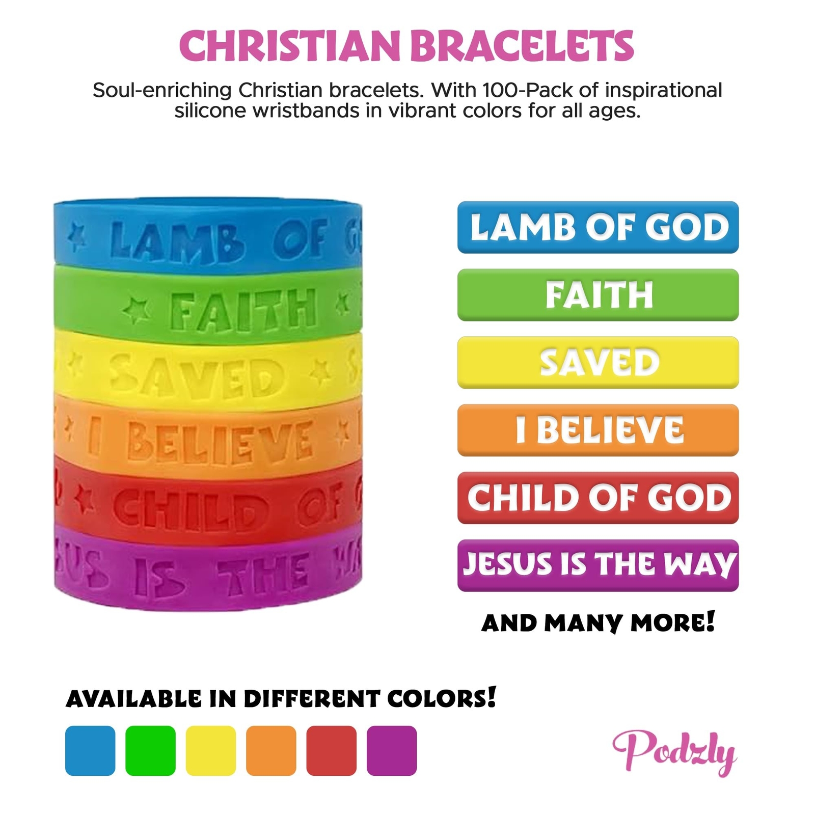 Podzly 100 Pack of Christian Bracelets – Motivational Silicone Wristbands wit…