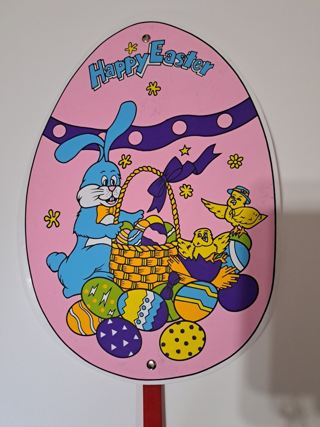 Vintage Easter Decoration Sign Egg Shape on Stick Garden Yard Decor Bunny