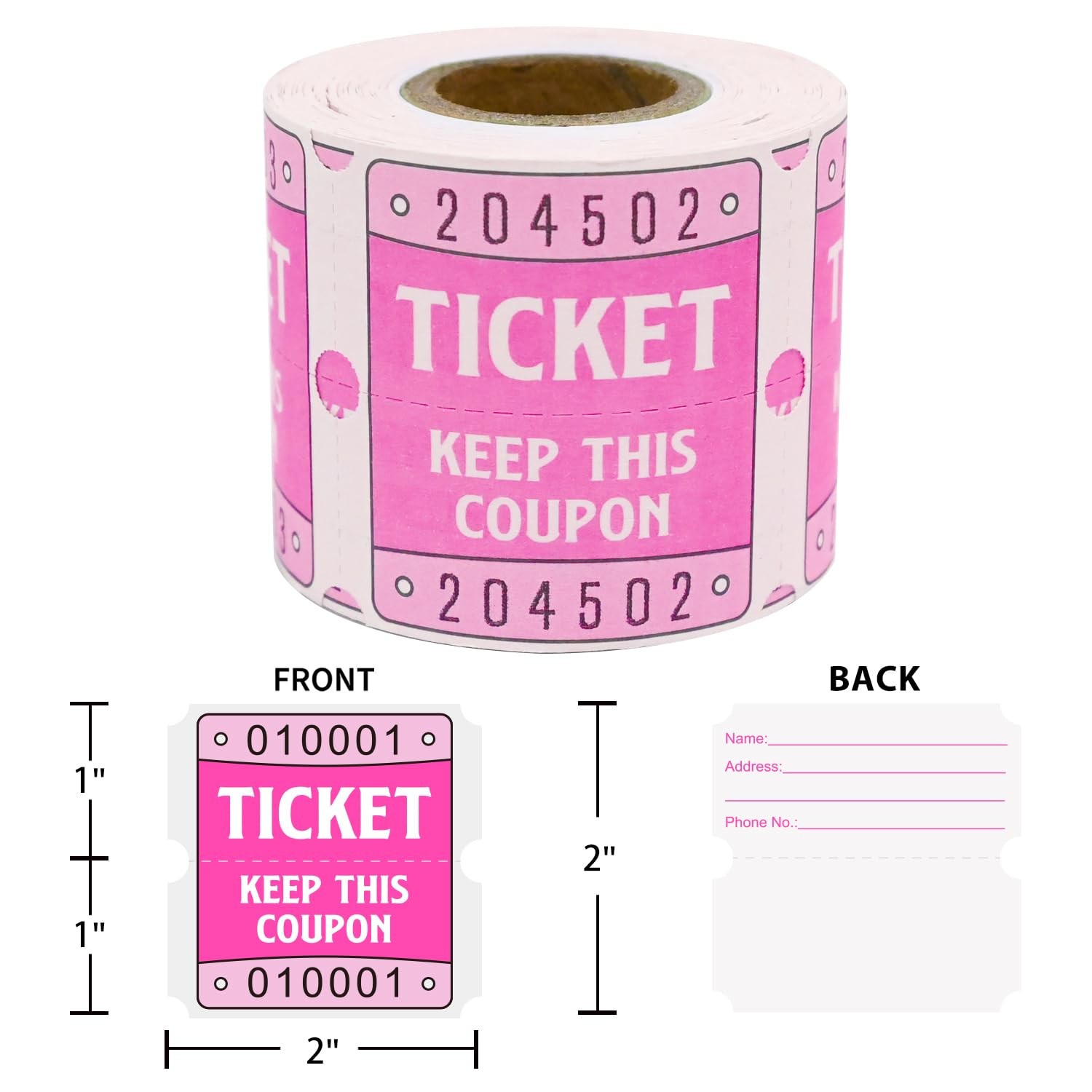 50/50 Raffle Tickets Double Roll Pink Event Carnival Admission Stubs 250 Count