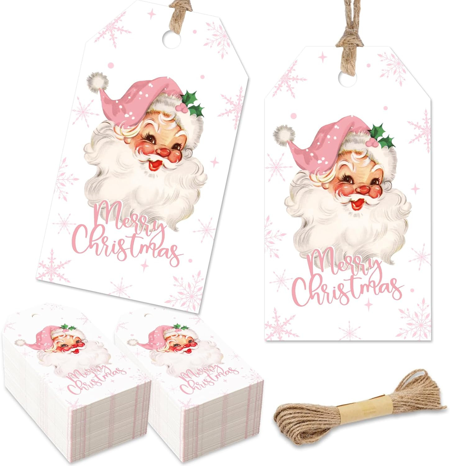 100Pcs Merry Christmas Paper Gift Tags Pink Santa Claus Snowflake Blank Hanging