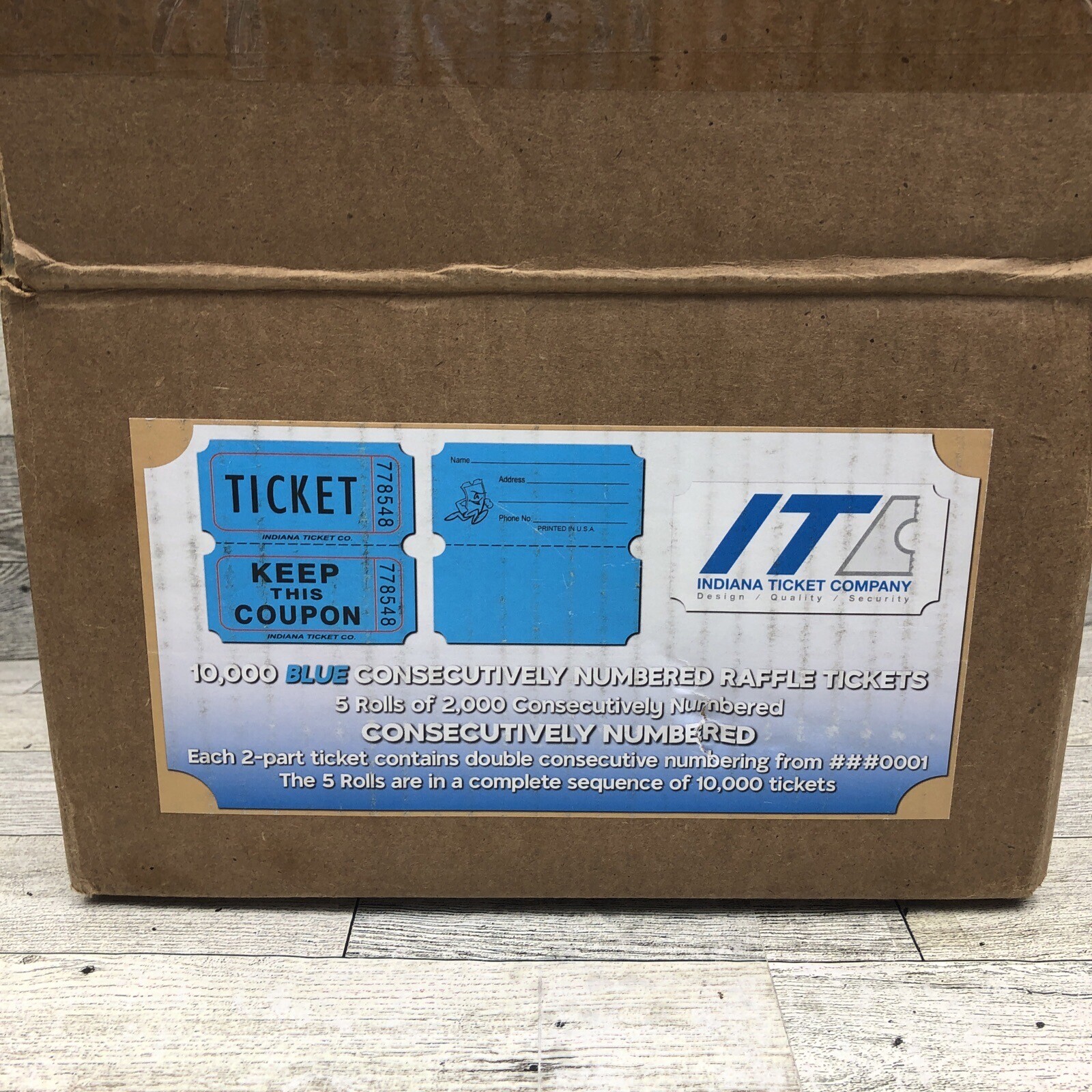 INDIANA TICKET CO. 10,000 Blue CONSECUTIVELY Numbered Raffle Tickets. 5 Rolls