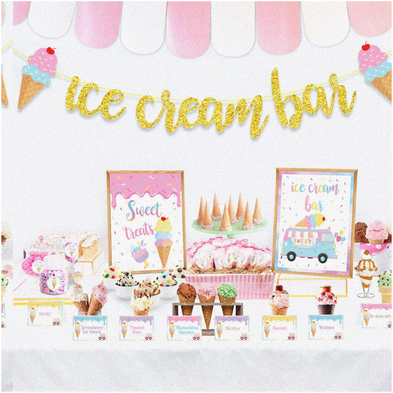 Ice Cream Bar Decor Kit with Banner and Labels