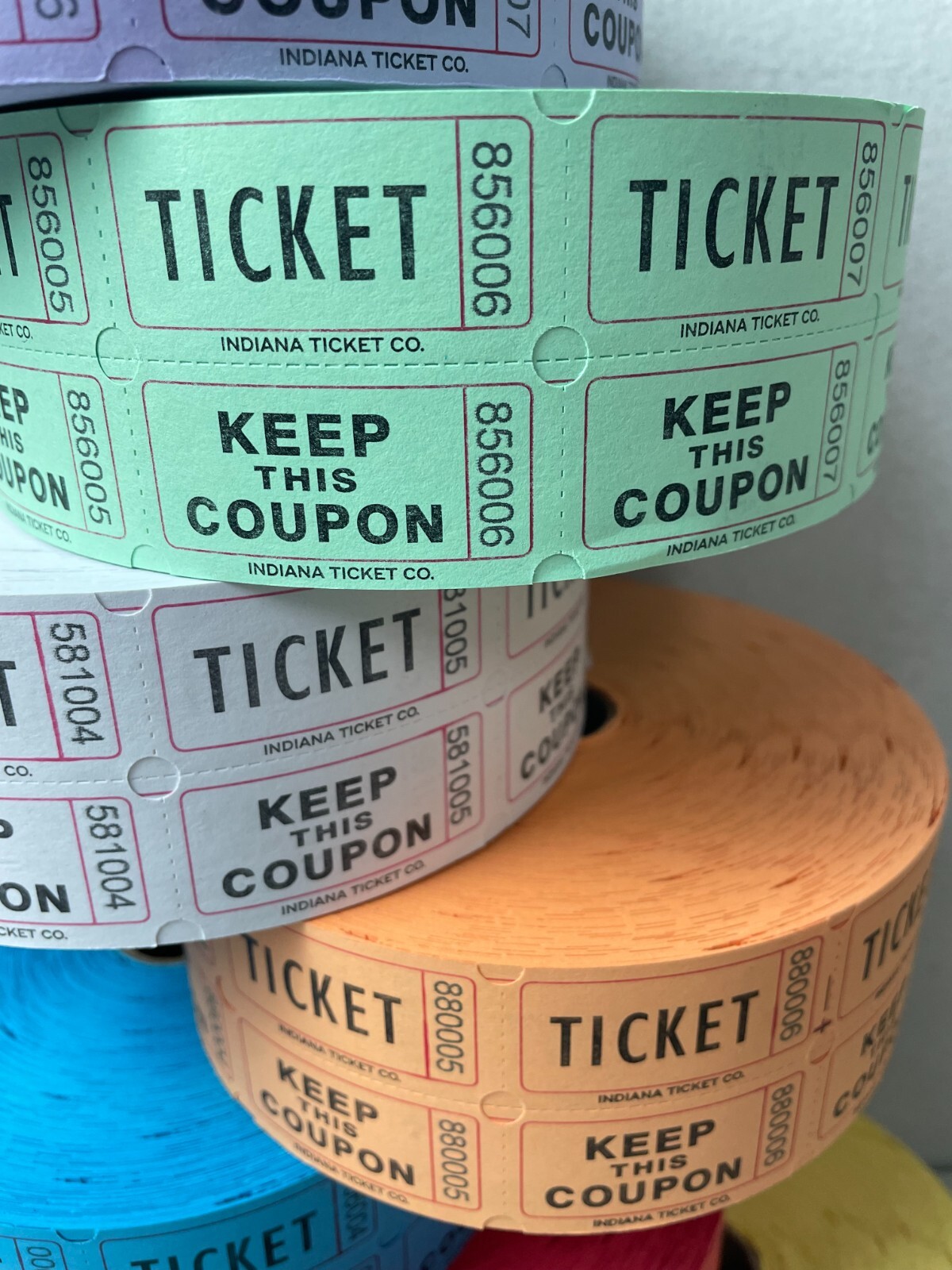 8 Rolls Raffle Tickets Double Stub 2000 Each 50/50 Split the Pot 1 Roll Ea Color