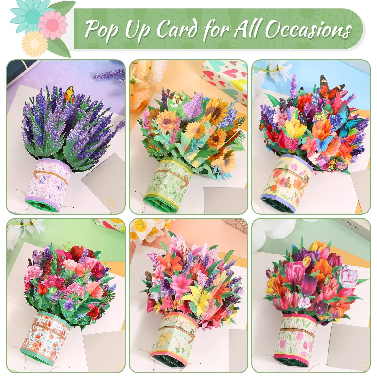 6 Pack Paper Flower Pop Up Cards, Bouquet Card 8.5×9 inches, Color 1