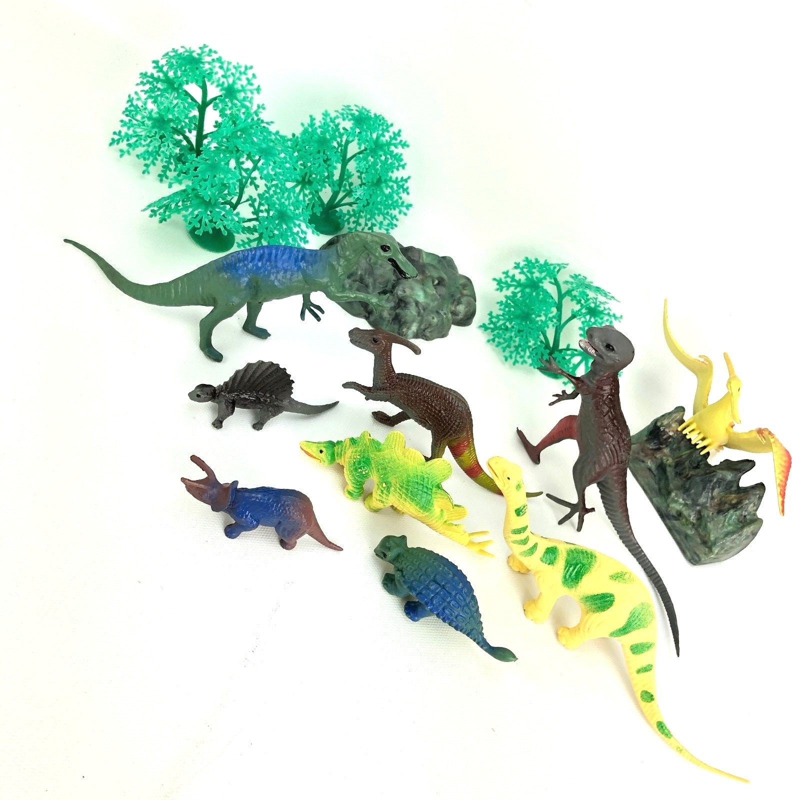 Lot 15 Cake Decoration Toys Dinosaur pterodactyl T Rex Long Neck Rocks Trees Set