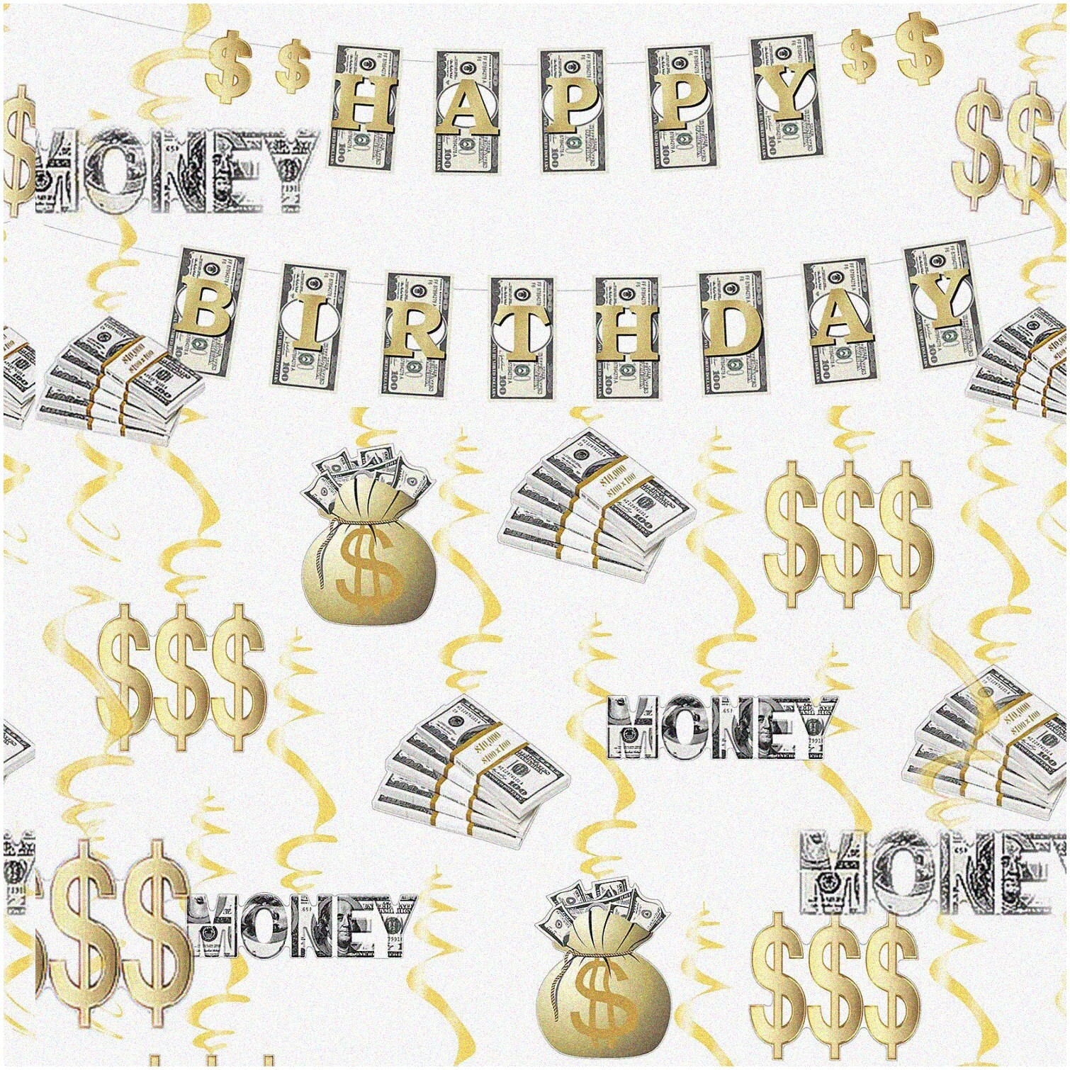 Money Celebration Set with Dollar Sign Banner and Swirls