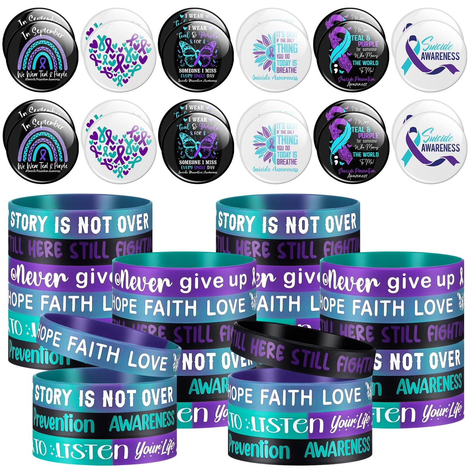 96 Pcs Suicide Prevention Awareness Accessories Set 48 Silicone Inspirational…