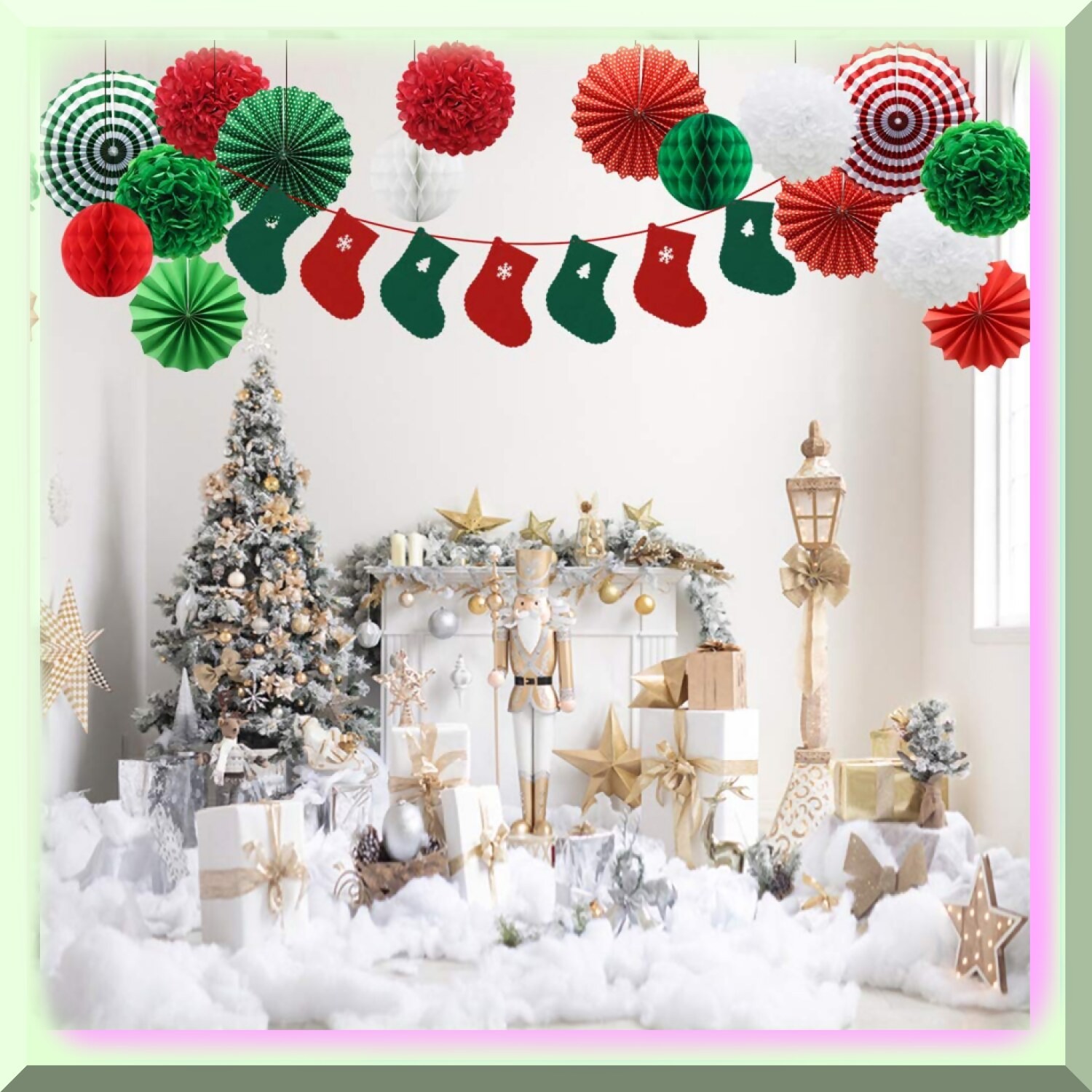 Festive Party Pack with Banner Snowflakes Honeycomb Balls Stars