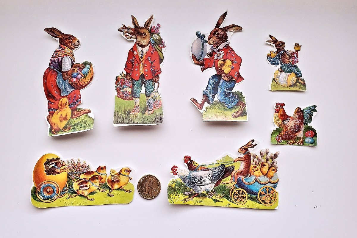 7-Easter-Victorian-Fussy Cut-Embossed-Scrap Reliefs-Bunnies-Glittered-Stickers