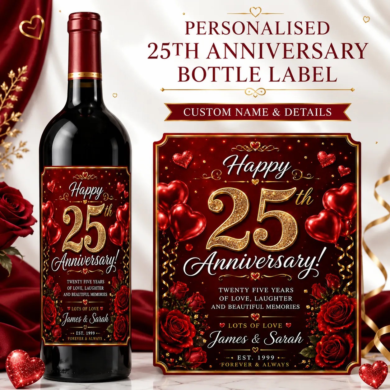 Personalised 25th Anniversary Bottle Label Sticker Wine Gift Red Rose