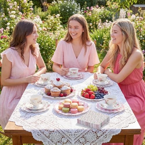 150 Pcs Floral Plates & Napkins Set – Pink Gingham Tea Party Supplies for Spring