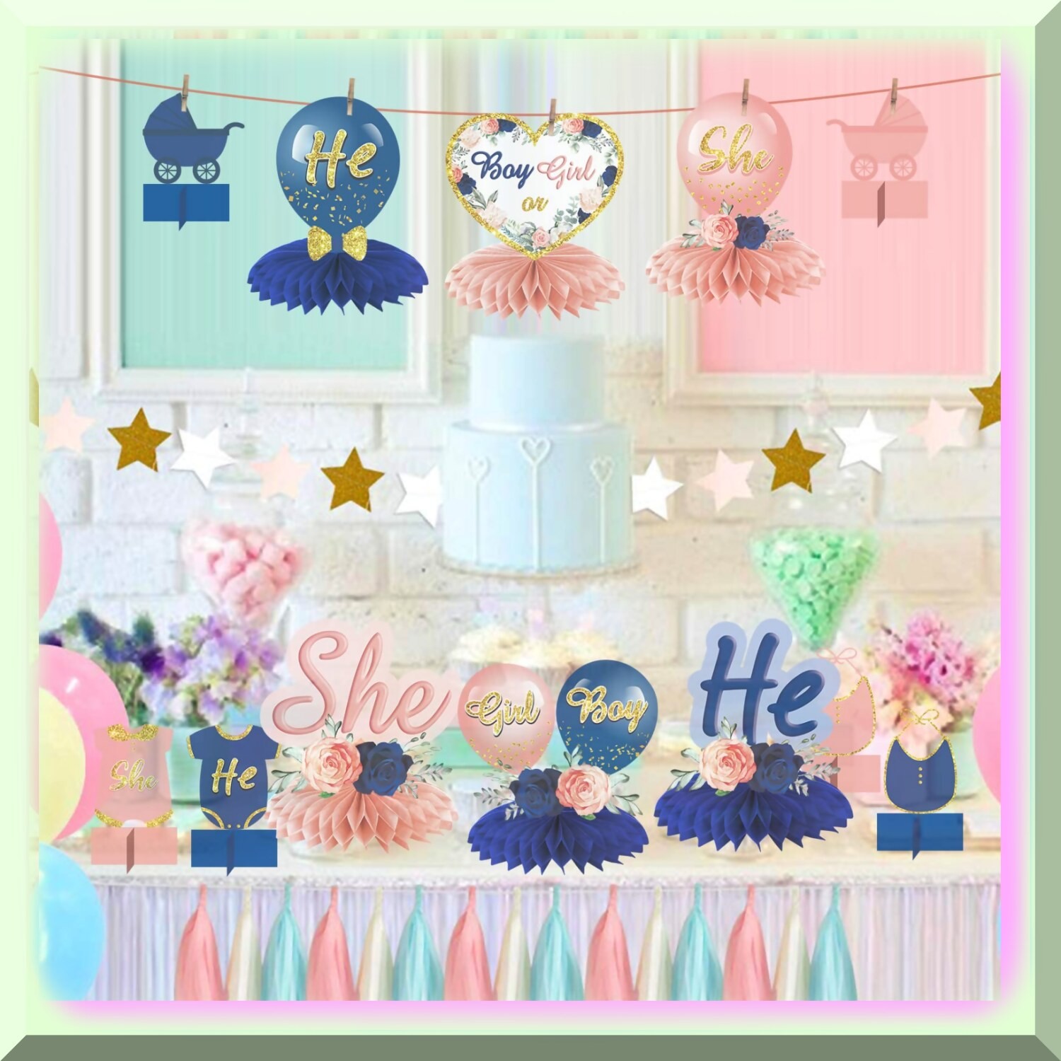 Honeycomb Gender Reveal Table Toppers 12 Pieces
