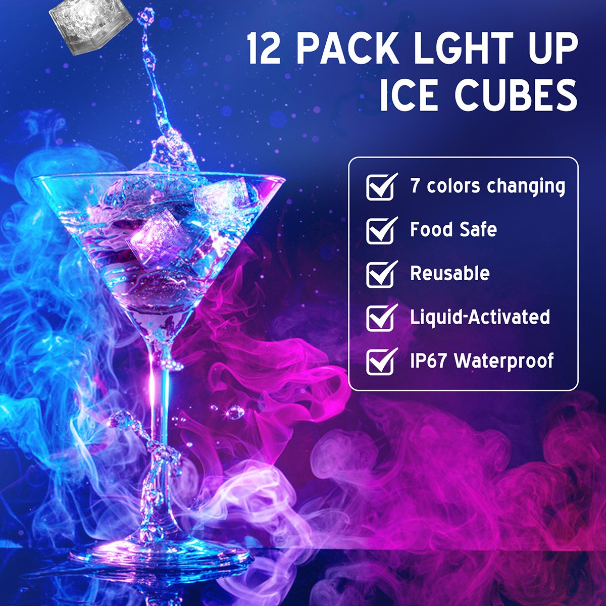 Light Up Ice Cubes, 12 Pack Multi Color Led Ice Cubes for Drinks Changing Lights