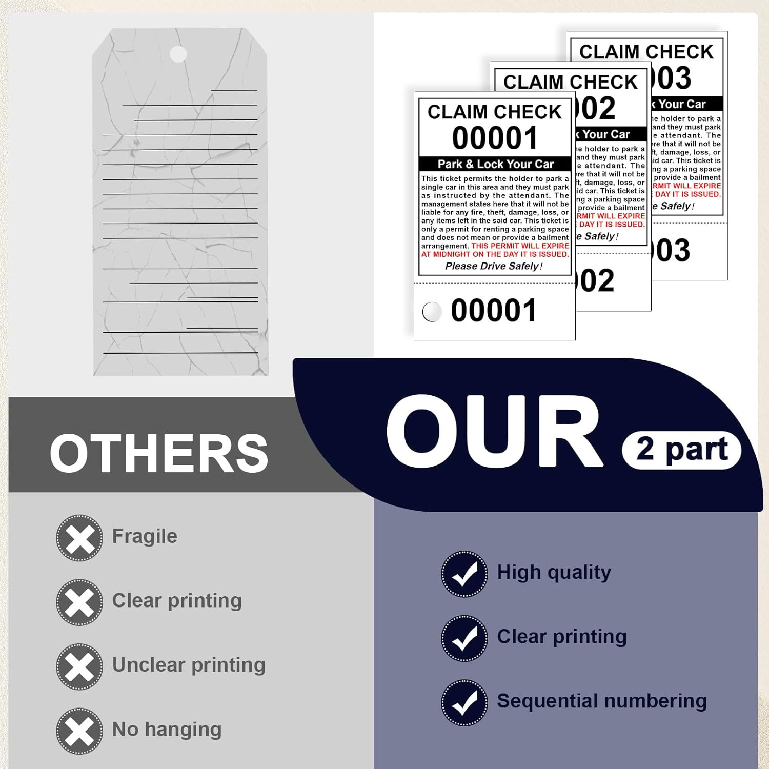 Valet Parking Tickets – 500 Count 2-Part Claim Check Tags, 2.75 x 4.25 Inch