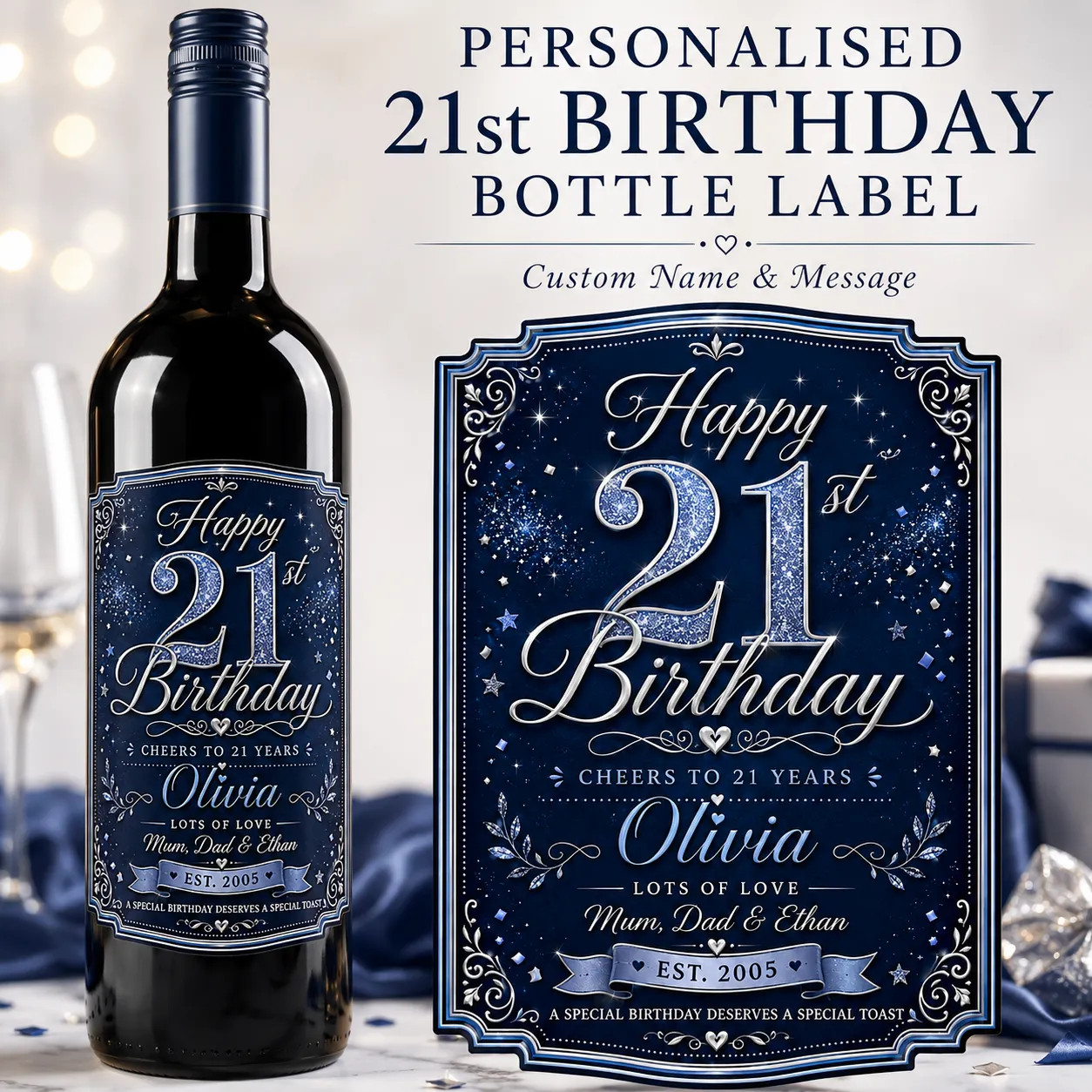 Personalised 21st Birthday Bottle Label Sticker Wine Gift Blue Silver