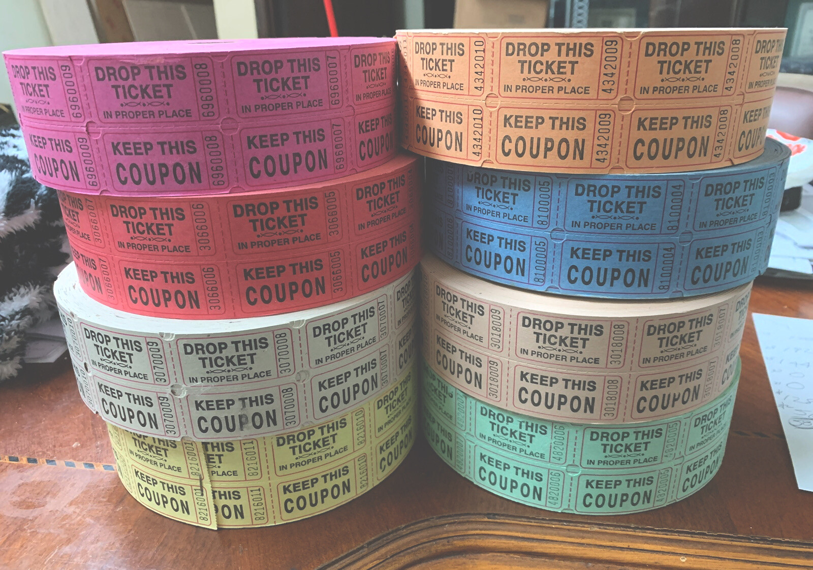 Raffle Tickets Roll of 2000 Double Stub Keep This Coupon Carnival Ticket FUCSHIA